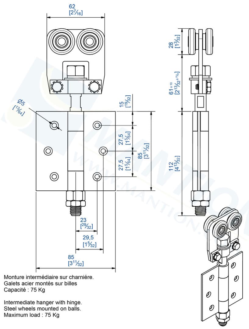 MANTION Hercule 9030 Rollapparat 9532 innen, mit Scharnieren für 2 Paneele